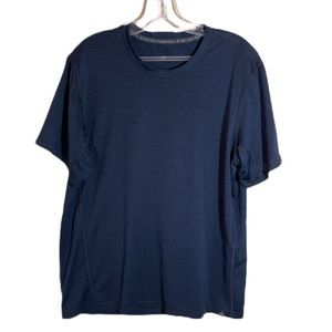 Prana Shirt Men's Large Short Sleeve Navy Blue Stripes Crew Neck Polyester